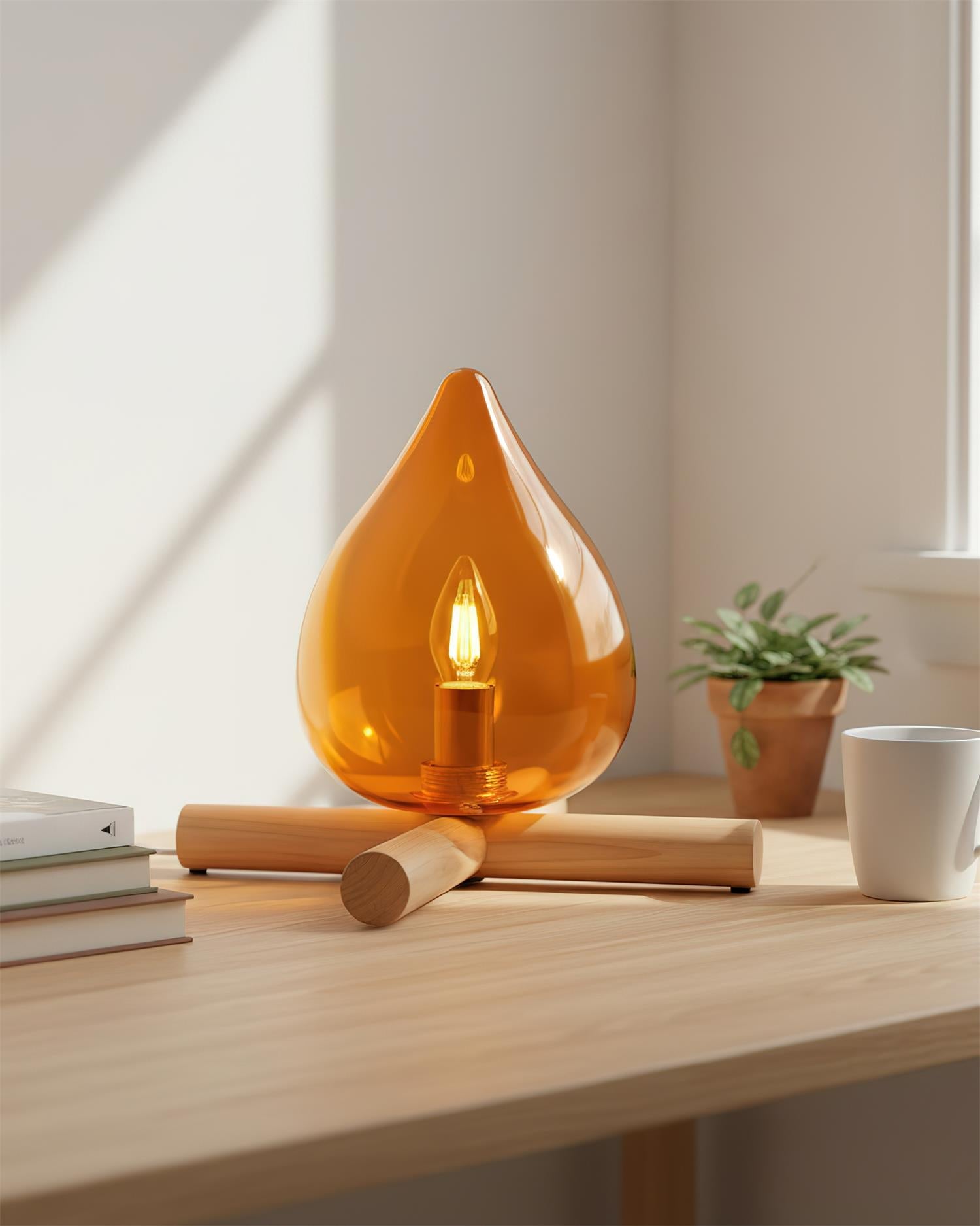 Lámpara de mesa con base de madera